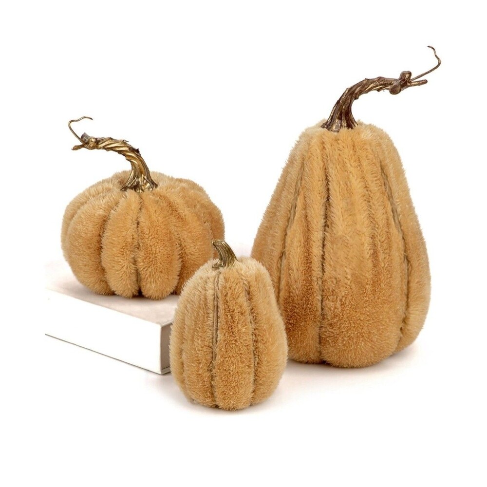 Set Of 3 Tan Faux Sherpa Pumpkins Small Fabric Pumpkins Mini Assorted Sizes